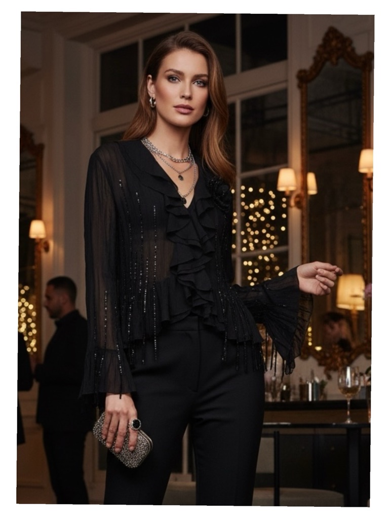 New Grge France Storia Sheer Ruffle Chiffon Top Black Sequin 4 Xs S M